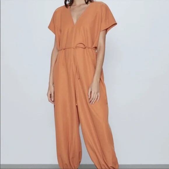 ZARA Orange V-Neck‎ Short Sleeve Oversized Tie Waist Jogger Jumpsuit Size Small - Picture 1 of 16